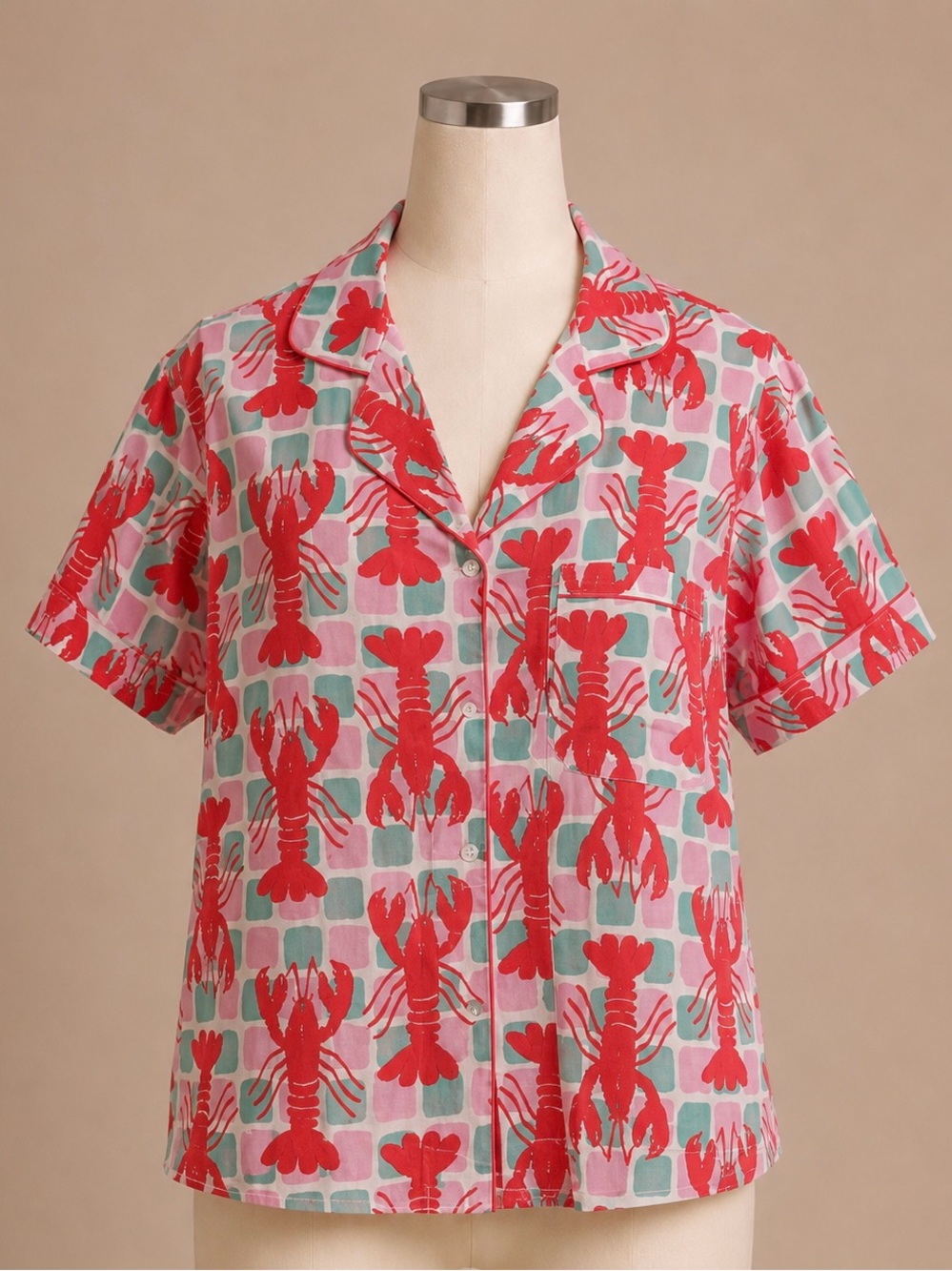 Bouffants & Broken Hearts Lobster Print Pajama Top Coastal PJs Pink S